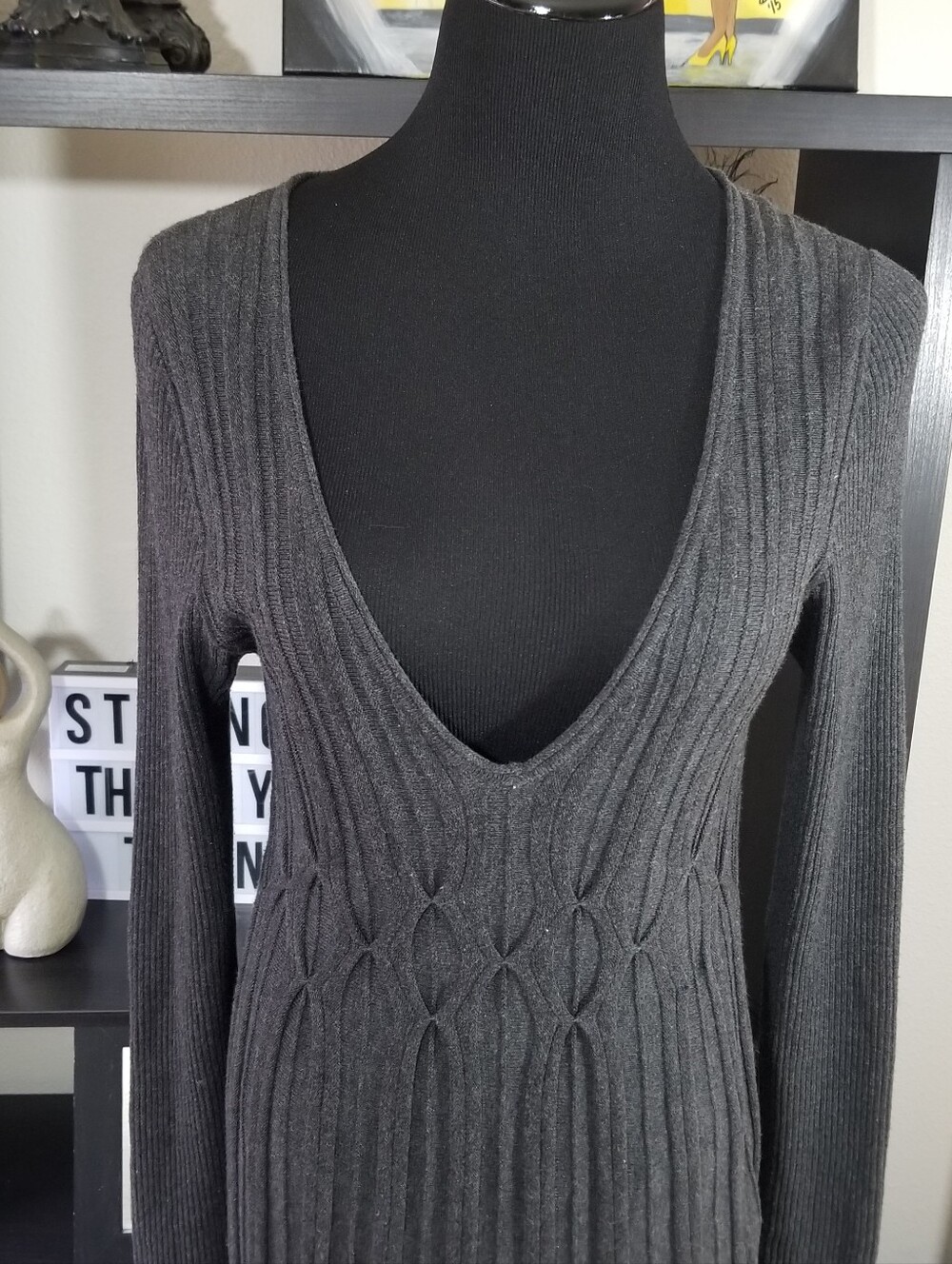 Max Studio Charcoal Cable Knit Fit & Flare Sweater Dress M Dark Academia - Picture 2 of 7